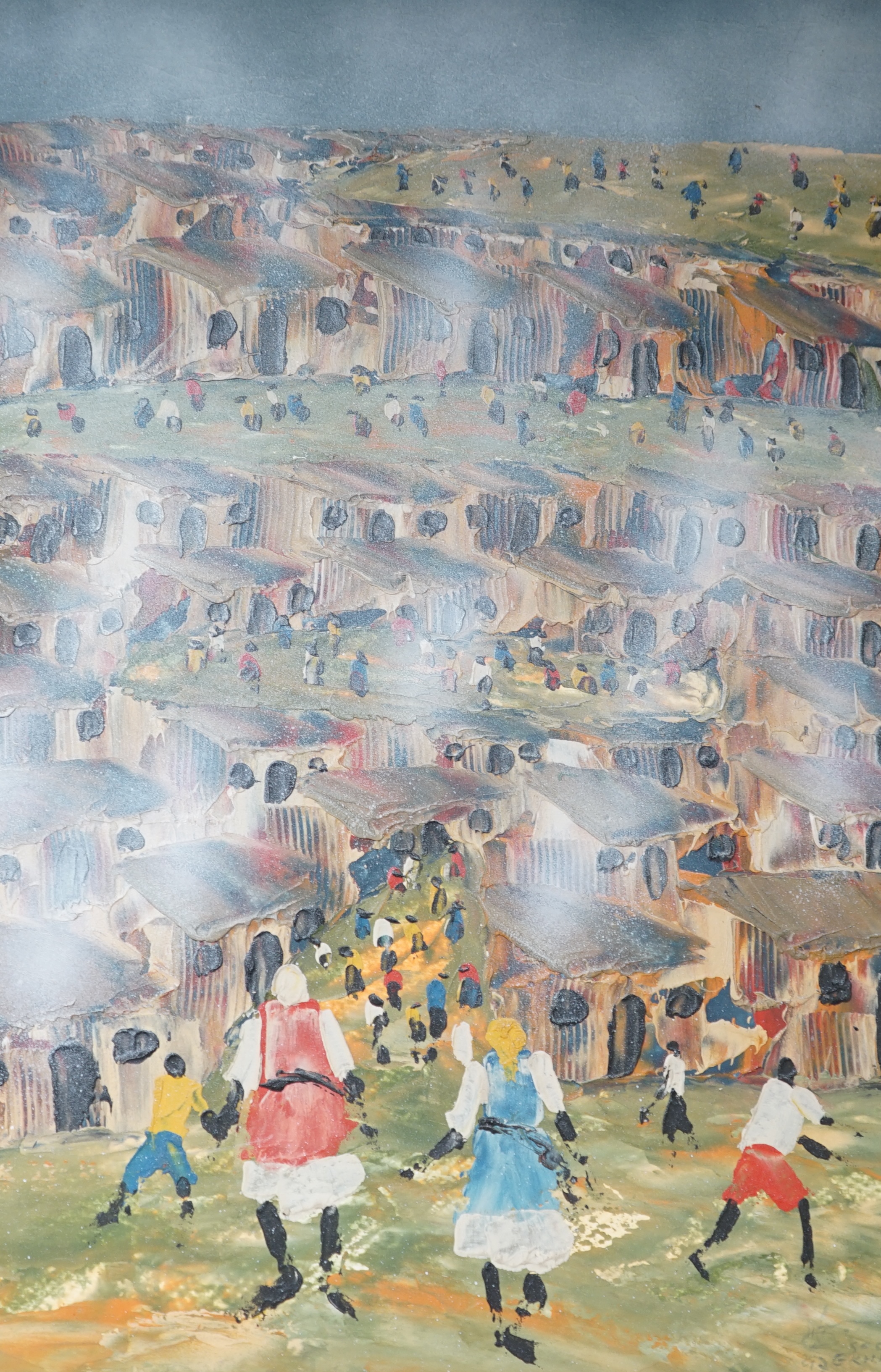 Solomon Sekhaolelo (South African, b.1937), impasto oil on board, Soweto township scene with figures, signed and dated '97, inscription verso, 59 x 40cm. Condition - good